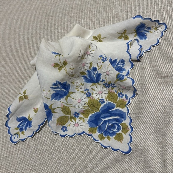 Vintage Accessories - Vintage Cotton Scarf-Scalloped Edge-Floral-Blue/White-EUC